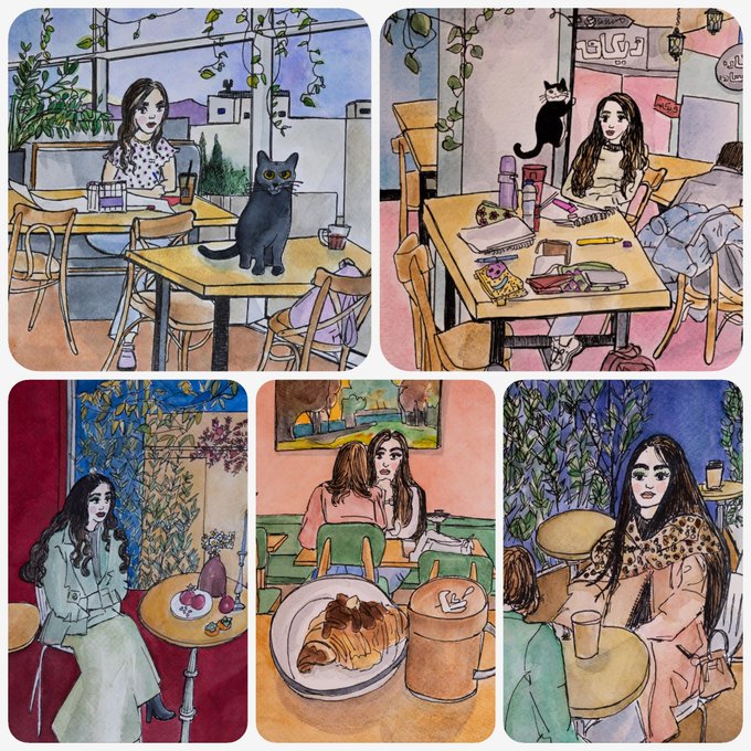 The image shows a collage of five watercolor-style illustrations depicting a young woman in various cozy café settings—sitting alone with a black cat, sketching at a table with study materials, relaxing on a red couch, sharing pastries with a friend, and posing stylishly in a leopard-print scarf. The artwork appears to be the "1/1s" (unique NFT pieces) being showcased in the post, available for bidding on Transient Labs, with the artist proudly displaying their one-of-one original digital art pieces as a "GM" (good morning) greeting to followers.