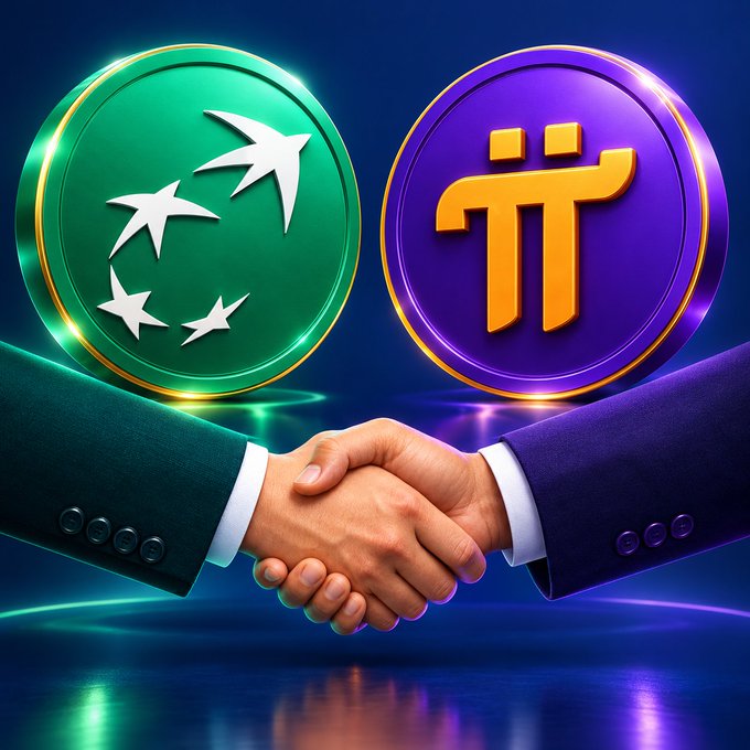 A handshake between two business-suited arms appears beneath two glowing circular emblems—a green one with white stars and a purple one with a gold "π" symbol—visually representing an unverified partnership between Pi Network and BNP Paribas. The clasped hands symbolize collaboration, though the post cautions that no official confirmation of this Pi Network × BNP Paribas alliance exists.