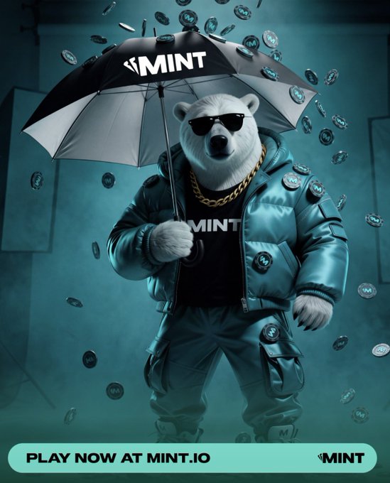 A stylized digital illustration features a polar bear wearing sunglasses, a gold chain, and a silver puffer jacket, holding an umbrella labeled "MINT" amid falling coins, with a banner reading "PLAY NOW AT MINT.IO".
