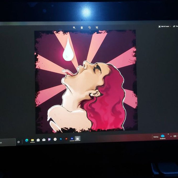 A photo of a computer monitor displaying a digital artwork of a woman with red hair catching a water droplet in her mouth against a pink and purple starburst background, with the Windows taskbar and desktop icons visible. The vibrant, eye-catching artwork complements the cheerful "GM GM fam" (Good Morning) greeting, setting a positive and energizing tone for the Thursday message.