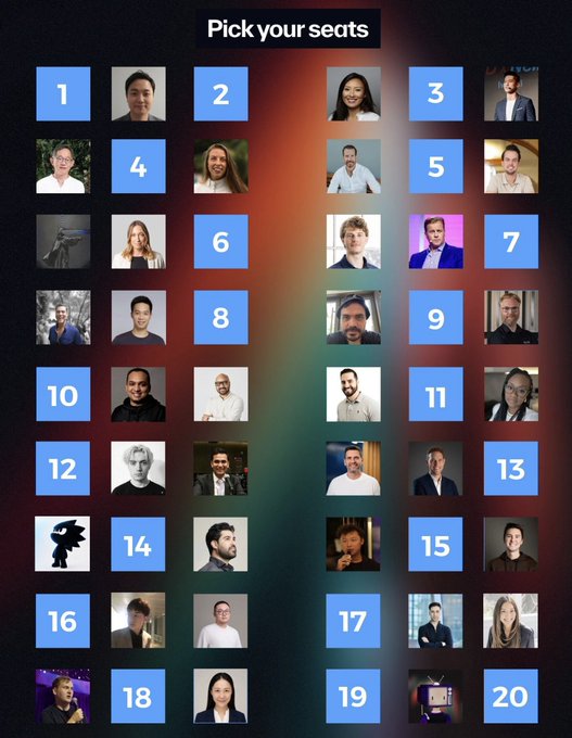 A seat selection interface titled 'Pick your seats' displays 20 numbered blue tiles interspersed with profile photos of various people, arranged in a grid with a blurred colorful background.
