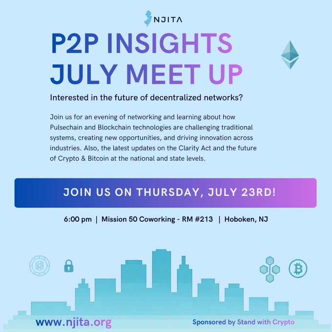 A promotional flyer for the 'P2P Insights July Meet Up' by NJITA, scheduled for Thursday, July 23rd at 6:00 pm at Mission 50 Coworking in Hoboken, NJ, featuring a city skyline graphic and sponsored by Stand with Crypto.