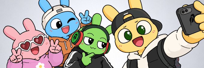 A cartoon illustration of four colorful characters (pink bunny with heart sunglasses, blue bunny, green character with headphones, and yellow character) taking a selfie together, with one holding a phone.