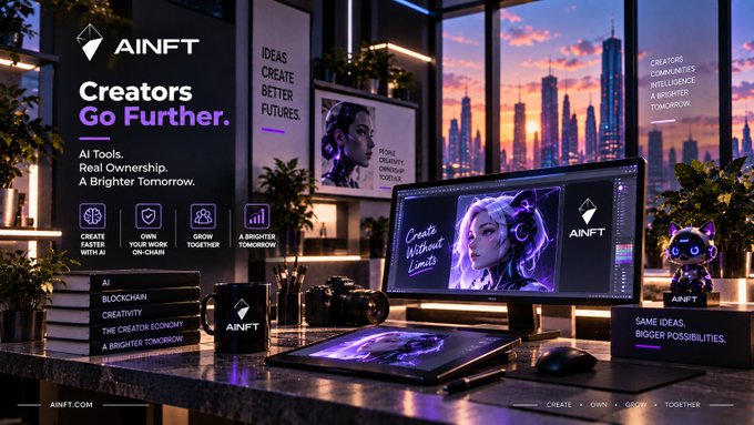 An advertisement for AINFT featuring the tagline 'Creators Go Further' and 'AI Tools. Real Ownership. A Brighter Tomorrow,' showing a desk setup with a monitor displaying digital artwork.