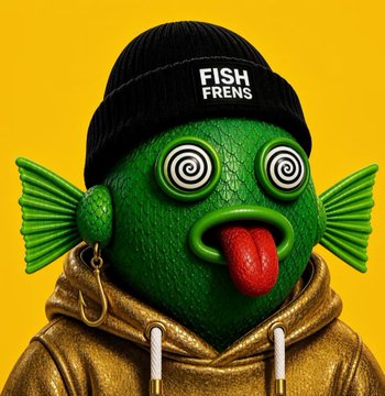 A green fish character wearing a 'FISH FRENS' beanie and gold hoodie with hypnotic spiral eyes and its tongue sticking out.