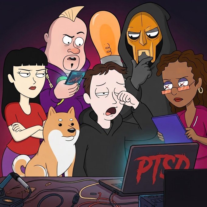 An illustration of various characters, including a person at a PC with a laptop displaying 'PTSD', surrounded by others including a person holding a lightbulb and a masked figure.