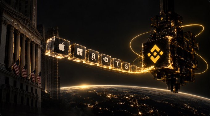 A surreal digital artwork showing the New York Stock Exchange building connected by glowing cubes containing the logos of Apple, Microsoft, NVIDIA, Amazon, Google, and Binance, stretching toward a massive Binance tower orbiting above Earth.