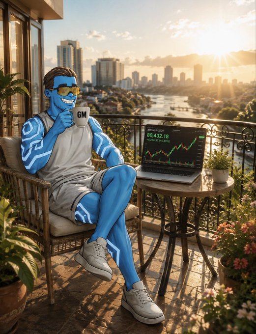 A digitally illustrated blue-skinned muscular figure wearing sunglasses relaxes on a balcony holding a 'GM' mug, with a laptop displaying a Bitcoin/crypto chart against a city skyline at sunset.