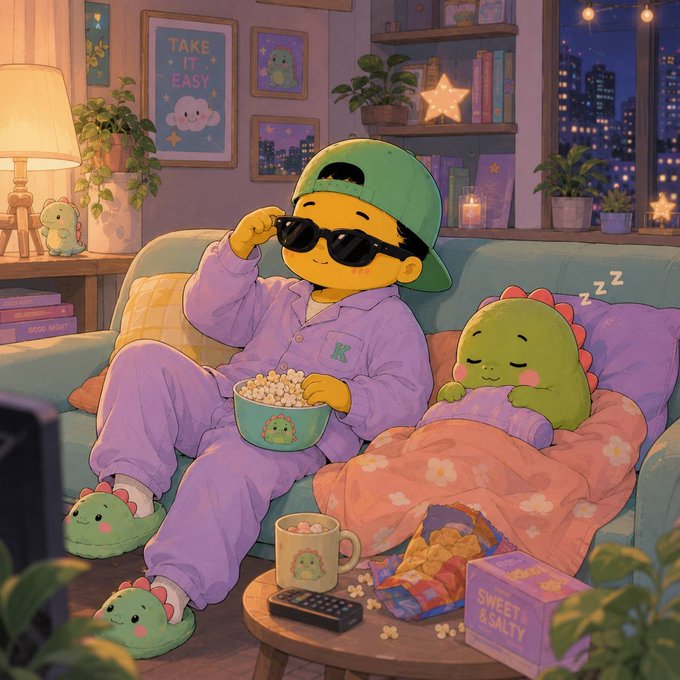 A digital illustration of a yellow character in a purple outfit and sunglasses eating popcorn on a couch next to a sleeping green dinosaur character in a cozy room with a 'TAKE IT EASY' poster.