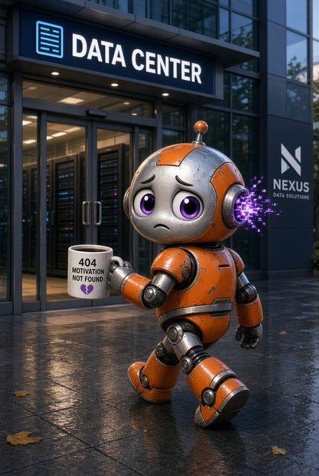 A 3D-rendered orange robot holding a mug that reads '404 MOTIVATION NOT FOUND', standing in front of a 'DATA CENTER' with 'NEXUS DATA SOLUTIONS' signage.