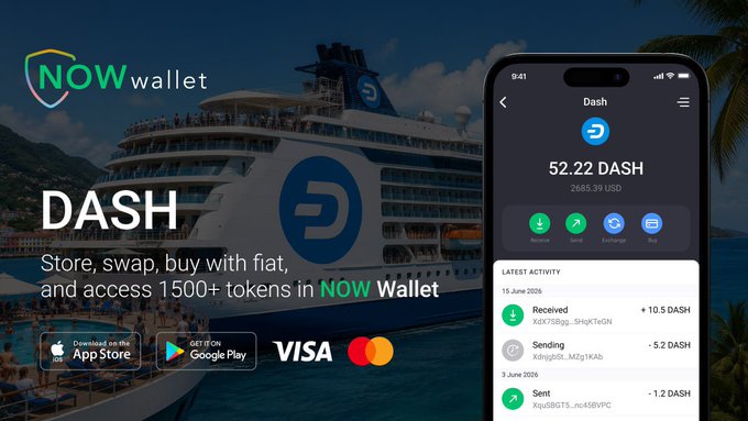 The image features a cell phone displaying a dashboard with information about a cryptocurrency called Dash. The phone's screen shows an app called Now Wallet, which allows users to pay for cryptocurrencies securely using the Dash wallet. Additionally, there are two credit cards visible on the screen, presumably related to digital payments made through the Dash app or linked to the wallet service itself. There is also text above and below the image, explaining the purpose of the dashboard and how it can be used for digital transactions and managing cryptocurrency wallets.