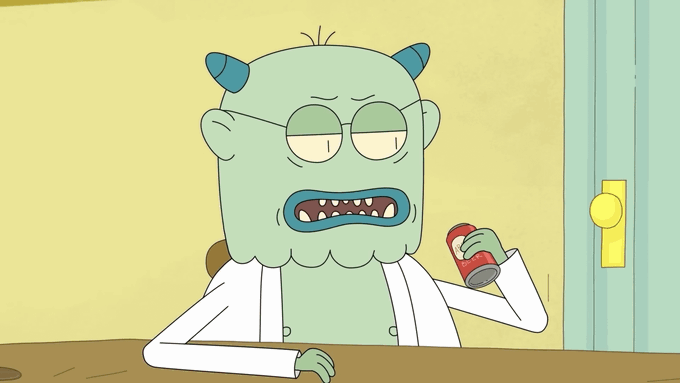 The image features a cartoon character, possibly a monster or a troll, sitting at a table holding a can of soda. The character appears to be in a room with a door nearby. The caption for the image reads "Investors forced us to integrate advanced AI. This neural network is dumber than a basic toaster. It caught an existential crisis after a short chat with UD. I would rather ask our coffee maker for technical advice. I refuse to work with such primitive technology!".
