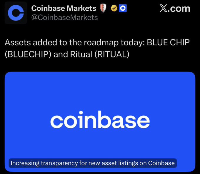 A tweet from Coinbase Markets (@CoinbaseMarkets) announcing assets added to the roadmap: BLUE CHIP (BLUECHIP) and Ritual (RITUAL), with a blue Coinbase logo and the note 'Increasing transparency for new asset listings on Coinbase'.