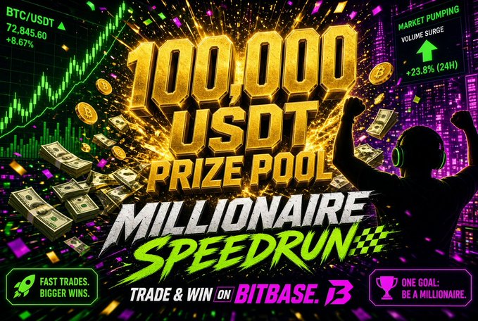 A promotional graphic for a cryptocurrency trading competition titled '100,000 USDT PRIZE POOL MILLIONAIRE SPEEDRUN' on Bitbase, featuring BTC/USDT at 72,845.60 (+8.57%), market pumping with volume surge +23.8% (24H), and tags 'FAST TRADES. BIGGER WINS.' and 'ONE GOAL: BE A MILLIONAIRE.'