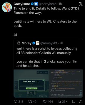 Cartysime (@cartyisme) announces the end of a contest, declaring "Legitimate winners to WL. Cheaters to the back," while quoting Morsy's post revealing a script that bypasses the 33-coin collection requirement for the Galleria WL in 2 clicks instead of hours of gameplay.
