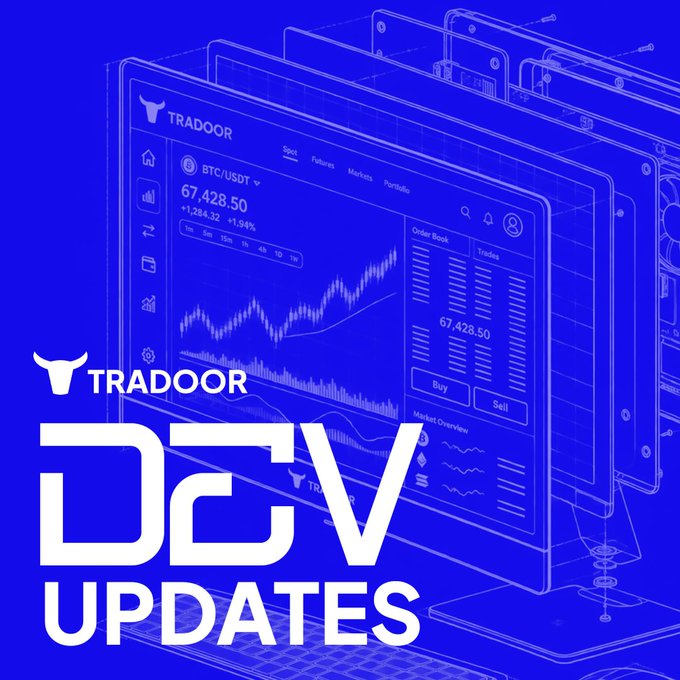 A blue promotional graphic for 'TRADOOR' featuring 'DCV UPDATES' in large white letters, with a wireframe illustration of trading interfaces showing 'BTC/USDT' at '67,428.50'.