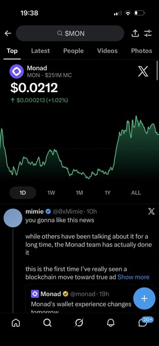 A screenshot of the X (Twitter) app showing search results for the ticker "$MON," featuring Monad's price at $0.0212 with a +1.02% gain, alongside a post from "mimie" discussing Monad's wallet experience changes. The image aligns with the user's "day 185" streak of posting about MON, reinforcing their ongoing engagement with the project despite mentioning a rough day.