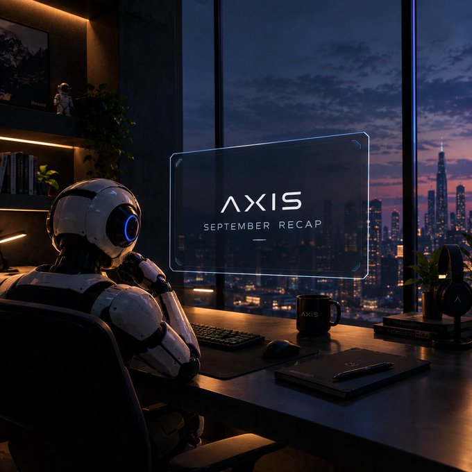A humanoid robot sits at a desk in a dark room with a city skyline view, facing a holographic screen displaying 'AXIS SEPTEMBER RECAP'.