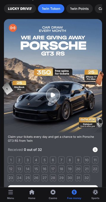 A screenshot of the 1win app showing a "LUCKY DRIVE" promotion giving away a Porsche GT3 RS, with rewards including 350 free spins, 25 iPhone 17 Pro Max, 25 MacBook Pro, and a Rolex Datejust.