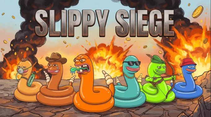 A cartoon-style banner titled "SLIPPY SIEGE" featuring anthropomorphic worms and snakes in a war scene with explosions.