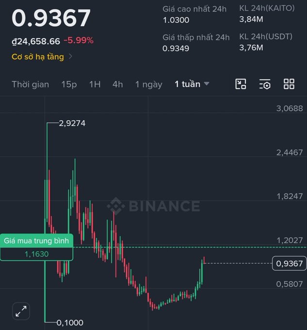 The image displays a Binance candlestick chart for the KAITO token, currently priced at 0.9367 USDT, down 5.99%, with a 24-hour high of 1.0300 and low of 0.9349, alongside an average buy price marker at 1.1630. The chart illustrates KAITO's volatile decline from a peak of 2.9274 down toward its lows, reflecting the post's optimism that a 3x bounce from the bottom would recover the average entry cost.