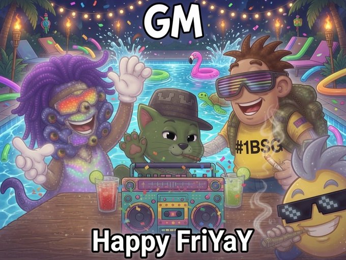 A colorful cartoon illustration labeled 'GM Happy FriYay' featuring characters, a cat, and a boombox at a pool party.