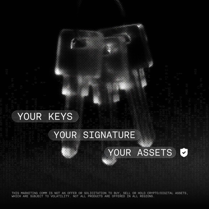 A halftone-style black-and-white image features a shadowy hand hovering over a background of scrolling code, with bold text overlays reading "YOUR KEYS," "YOUR SIGNATURE," and "YOUR ASSETS" (accompanied by a verified shield icon). A disclaimer at the bottom notes it's not an offer for crypto/digital assets. The graphic visually reinforces the post's message about non-custodial wallet security, with the hand and code evoking themes of self-custody and user control over private keys.