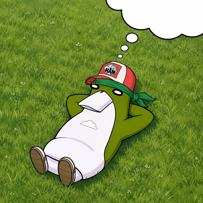 An illustration of a green anthropomorphic duck character wearing a "Mr. Ham" cap and white outfit, lying on grass with a thought bubble above its head.