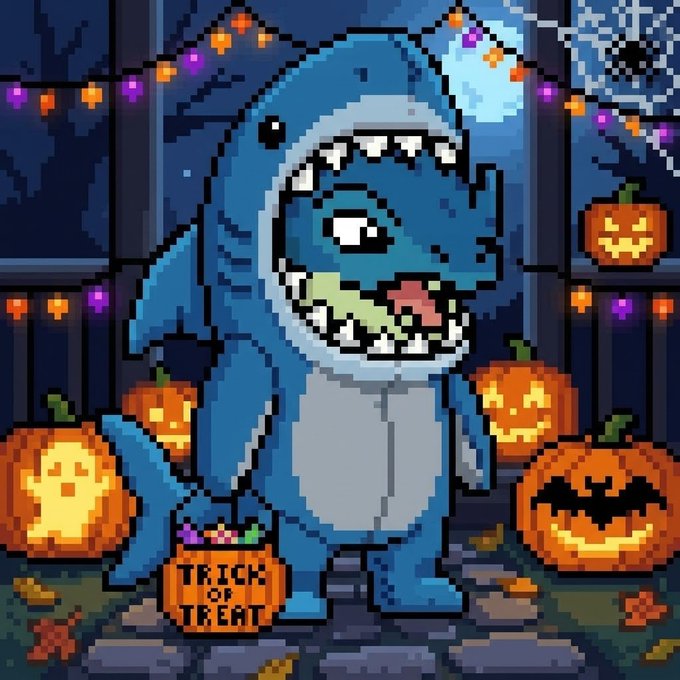 A pixel art Halloween illustration of a blue shark character in a shark costume standing among jack-o'-lanterns and string lights, holding a 'TRICK OR TREAT' bucket.