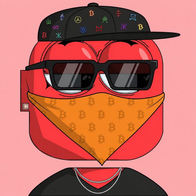 A red cartoon character wears a black snapback hat covered in colorful NFT and crypto logos including Bitcoin (₿), Ethereum, Matic, and others, along with black sunglasses and an orange bandana printed with Bitcoin symbols. The crypto-themed accessories and "gm nfts" vibe reflect a casual, bullish greeting to the NFT community.