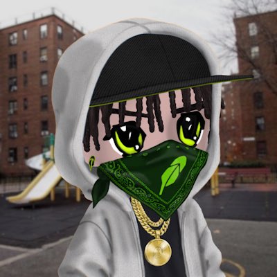 A 3D anime-style character wearing a grey hoodie, a black cap with a green brim, a green bandana mask with a leaf design, and a gold chain pendant, standing in a playground setting.