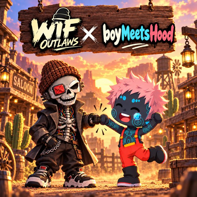 The image is a vibrant collaboration banner featuring "WIF OUTLAWS × boyMeetsHood," showcasing a skeletal gunslinger in a beanie fist-bumping a cheerful pink-haired cyborg character, set against a Western town backdrop at sunset, visually capturing the playful partnership announced in the post.