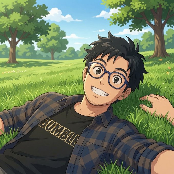 The image features a man wearing glasses and a plaid shirt laying down in a grassy field with trees in the background. The man appears to be smiling while enjoying his time outdoors, possibly taking a break from work or simply appreciating nature. The scene is set against a backdrop of trees, creating a serene atmosphere for relaxation and contemplation.