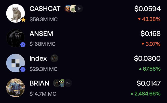 A cryptocurrency meme token listing showing CASHCAT at $0.0594 (▼43.38%), ANSEM at $0.168 (▼3.07%), Index at $0.0300 (▲67.56%), and BRIAN at $0.0147 (▲2,484.66%).