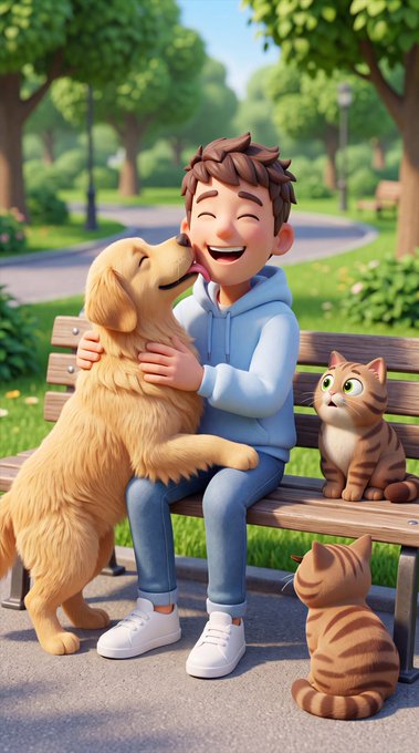 A 3D animated illustration shows a smiling young man in a blue hoodie sitting on a park bench, laughing as a golden retriever licks his face while two tabby cats look on.