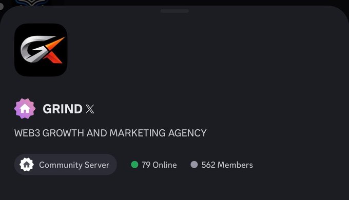 A Discord server interface showing the GRIND X community, described as a 'WEB3 GROWTH AND MARKETING AGENCY' with 79 online members out of 562 total.