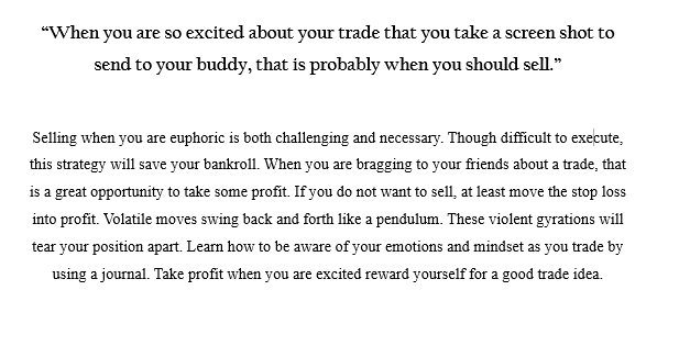 The image displays text about trading strategy, with a highlighted quote advising traders to sell when they feel excited enough to share screenshots with friends. Below the quote, the passage explains the importance of taking profit during euphoric moments, adjusting stop losses, and managing emotions through journaling.