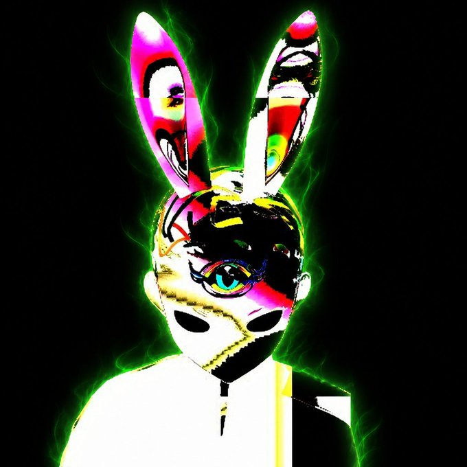 A vibrant, glitch-art rendering of a person wearing a white rabbit mask and tall bunny ears, outlined in an eerie neon green against a black background, with colorful digital distortions masking their face. The rabbit imagery evokes themes of hopping between realities, hidden in plain sight, and resisting surveillance—mirroring the post’s salute to anonymous builders who navigate crypto’s "game" with integrity while others treat their audience as exit liquidity.
