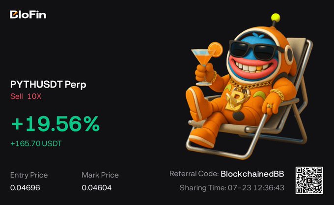 A BloFin trading ad showing a 3D character in an orange spacesuit lounging on a chair with a drink, featuring 'PYTHUSDT Perp', 'Sell 10X', '+19.56%', and a referral code 'BlockchainedBB'.