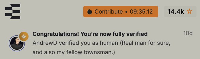 A screenshot from a forum shows a verification notification from 'AndrewD' stating 'Congratulations! You're now fully verified,' with a contribution timer at 09:35:12 and 14.4k reputation.