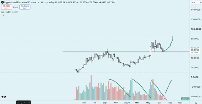 A TradingView chart of the Hyperliquid (HYPE/USDC) perpetual contract on the 1W timeframe shows a strong bullish breakout, with price surging past the $56.6260 level (+7.79%) and reaching new highs above $80, accompanied by a hand-drawn green arrow highlighting the upward momentum. The accompanying post celebrates this decisive shift from choppy price action to a sustained "up only" rally in August, emphasizing that sellers have disappeared and that perpetual DEX tokens, led by Hyperliquid, are driving the current crypto comeback.
