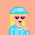 A pixel art NFT-style character depicts a blonde woman wearing sunglasses, a blue cap, and a blue top, set against a pink background.