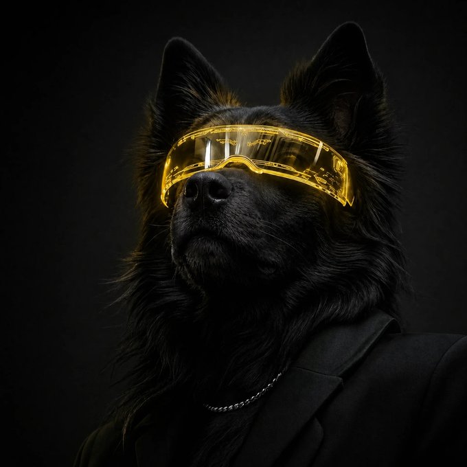 A black dog wearing futuristic yellow-tinted visor sunglasses and a black suit exudes a cool, cyberpunk vibe against a dark background. The image captures the "LFG" energy with its sleek, ready-for-anything aesthetic.