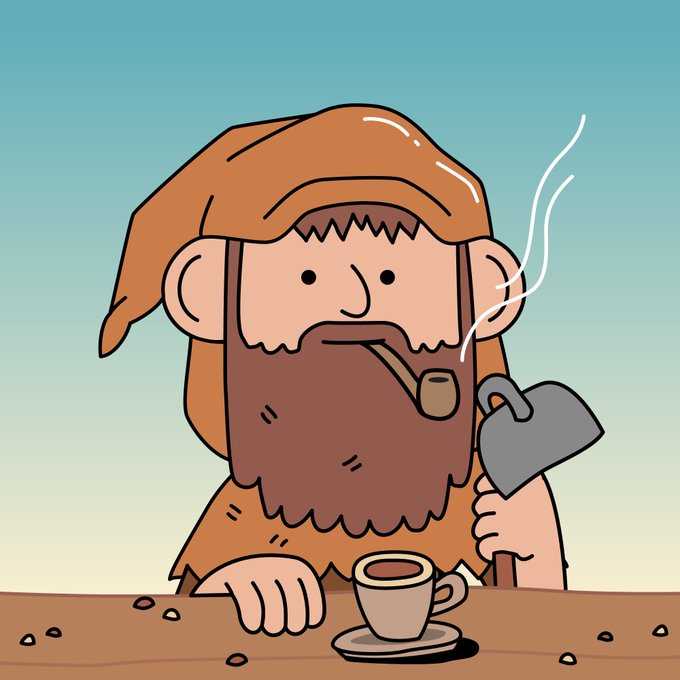 A cartoon illustration of a bearded man with long brown hair, smoking a pipe and holding a hammer, sitting at a wooden table with a cup of coffee on a saucer.