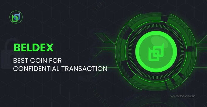 A promotional banner for BELDEX cryptocurrency, featuring a green hexagonal design and text 'BELDEX - BEST COIN FOR CONFIDENTIAL TRANSACTION' with the website www.beldex.io.