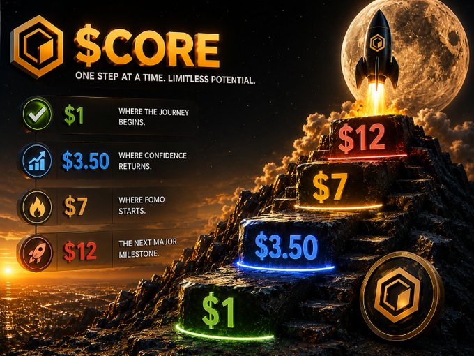 A rocket launching toward the moon beside a glowing stone staircase illustrates a price progression of $1, $3.50, $7, and $12, with the caption "CORE - One Step at a Time. Limitless Potential." reinforcing the post's message about steady growth toward the $12 milestone.