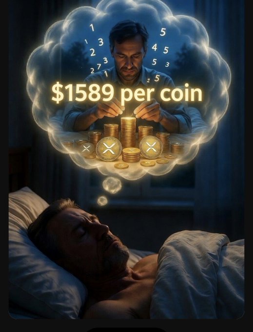 A man lies sleeping in bed, dreaming of stacking gold coins marked with the XRP logo as the price "$1589 per coin" glows above him in a thought bubble, symbolizing hopeful bullish aspirations for the cryptocurrency.