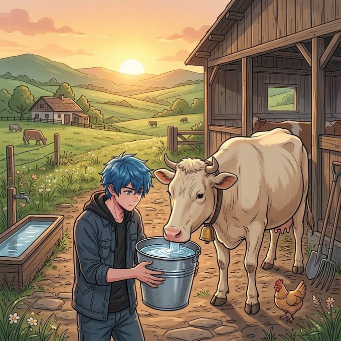 An anime-style illustration of a blue-haired boy holding a bucket of water while a large white cow with a bell drinks from it, set against a sunset pastoral landscape with a barn, chickens, and grazing animals.