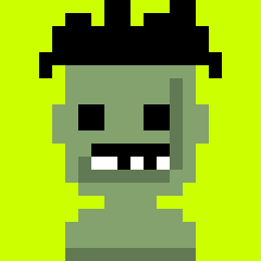 Pixel art of a Frankenstein-style zombie character with green skin, black hair, and white teeth displayed on a bright yellow-green background.
