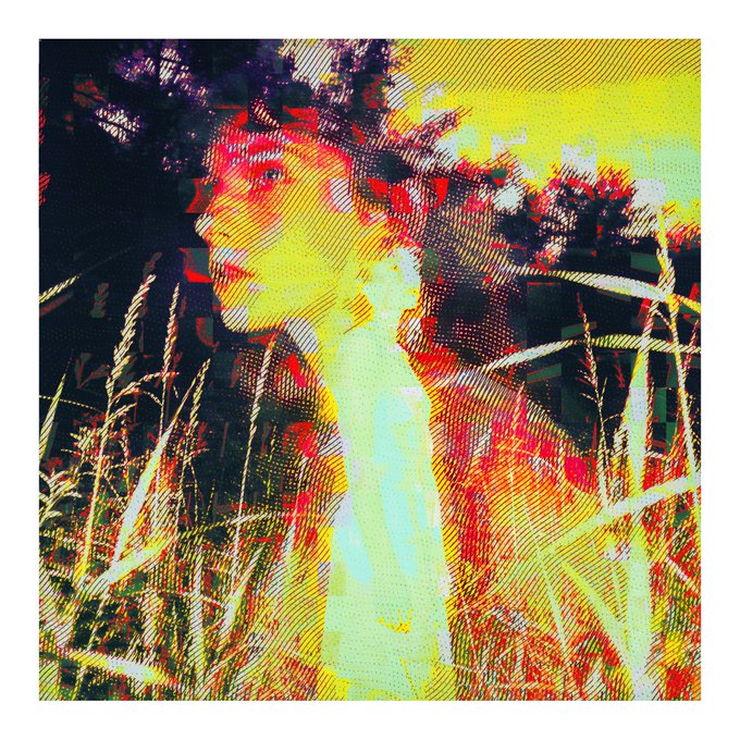 A colorful, high-contrast digital artwork showing a woman's profile against a bright yellow sky, overlaid with crosshatch patterns and vegetation.